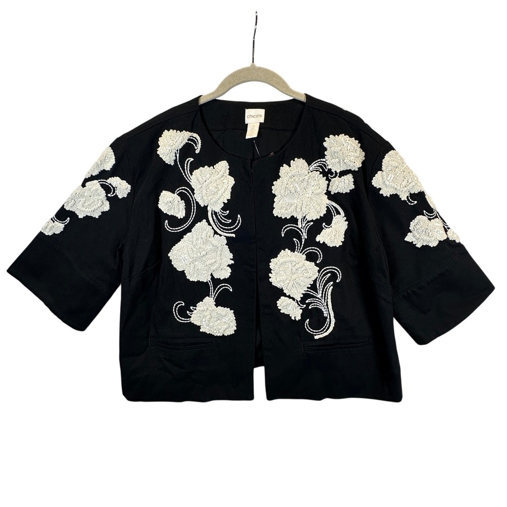 Chicos Artisan Embroidered Jacket Black White Beaded Floral Size 2 Petite NEW